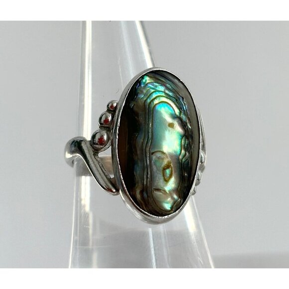 Vintage Silver Tone Abalone Mother of Pearl Mood Ring Green Hippie Ring Sz 7.75 - Picture 6 of 8